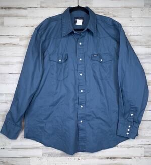 Wrangler Men’s XXL Blue Western Snap Shirt 100% Cotton Long Sleeve Workwear